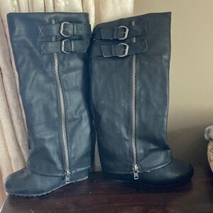 Aldo Black Knee-High Moto Boots with Buckle Straps